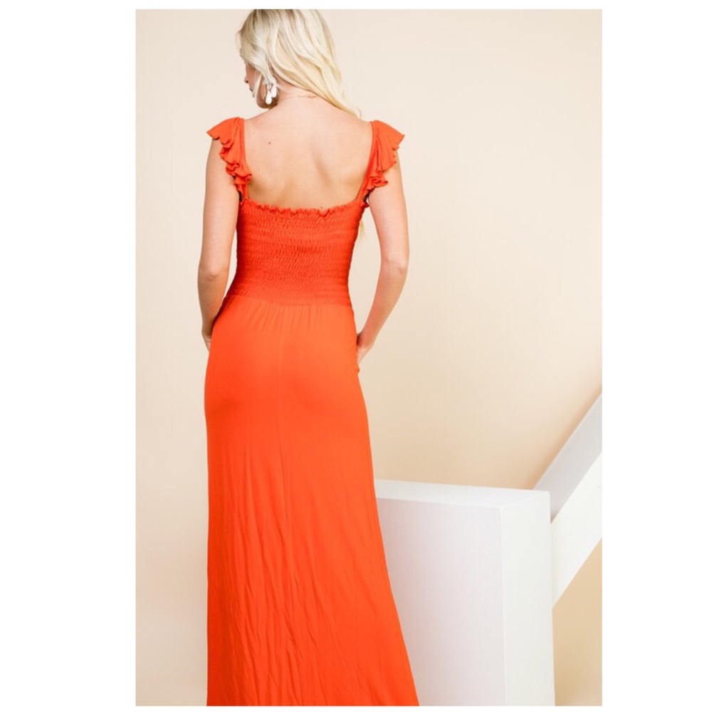 SOLD OUT CLEARANCE Orange Smocked On Off Shoulder Casual Maxi Dress - Picture 4 of 5